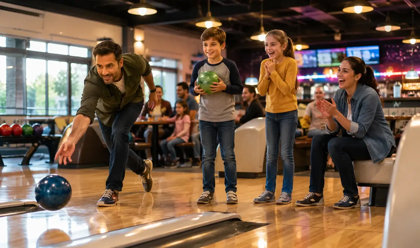 A group of friends and family members engaged in a lively bowling game, showcasing joy and camaraderie in the alley.