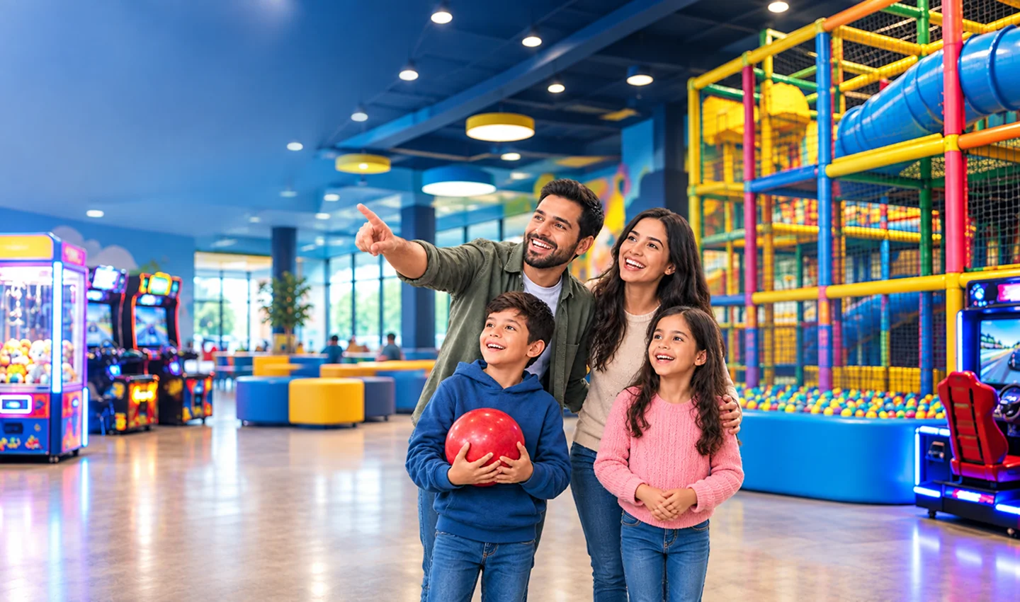 Family of four smiling and looking excited in an indoor arcade and play area with colorful games and slides.