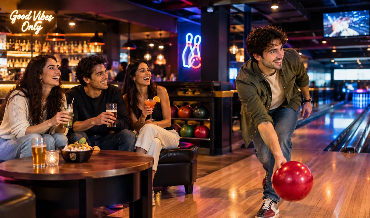 Friends enjoy drinks and snacks at a neon-lit bowling alley as a man prepares to roll a red bowling ball.